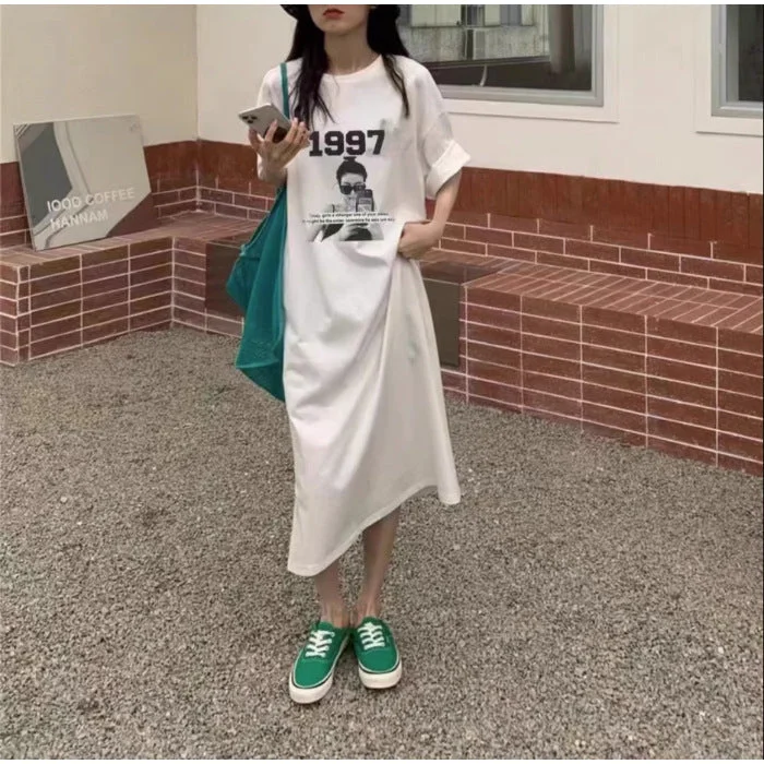 NiDELL Korean Summer Loose plus Size Women's Clothing Letter Printed T-shirt Skirt Mid-Length over-the-Knee Minimalist Preppy Style Dress