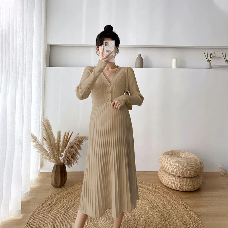 NiDELL Maternity Dress . Autumn and Winter New Dress Korean Style Pregnant Women V-neck Sweater Sweater Mid-Length Sweater Dress