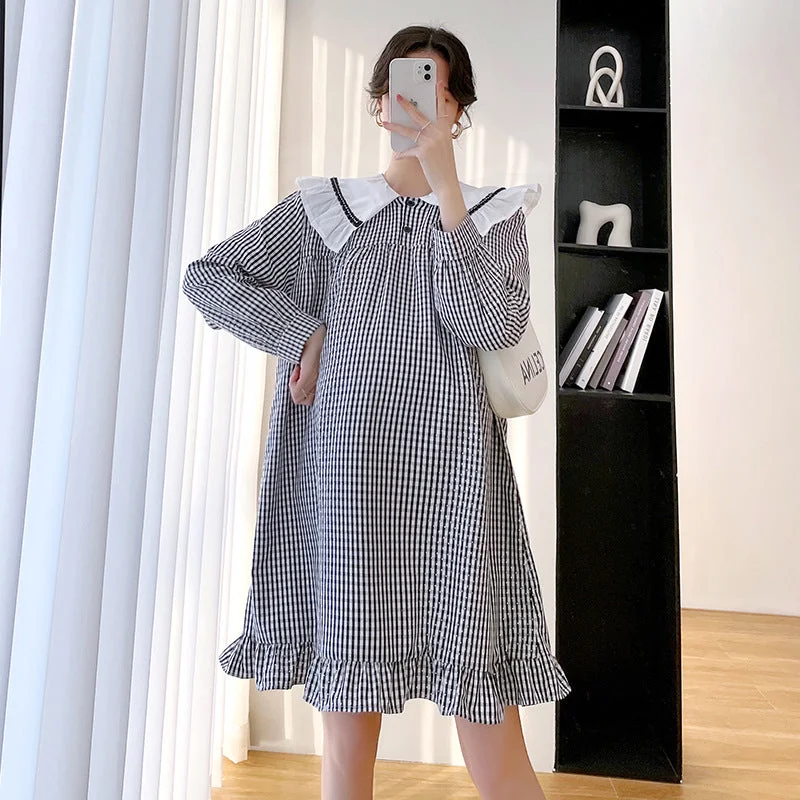 NiDELL Maternity Dress . Autumn New Fashion Plaid Loose plus Size Maternity Dress