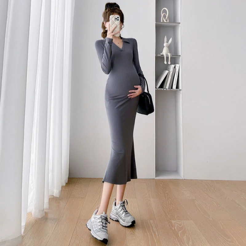 NiDELL Maternity Dress . Spring and Autumn Maternity Long Sleeve V-neck Dress Slim Fit Slimming Fishtail Medium Long Maternity Dress