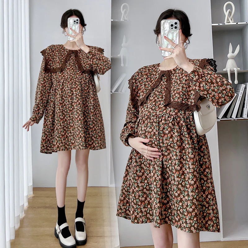 NiDELL Maternity Dress . Spring and Autumn New Floral Sailor Collar Loose Korean Style Maternity Dress