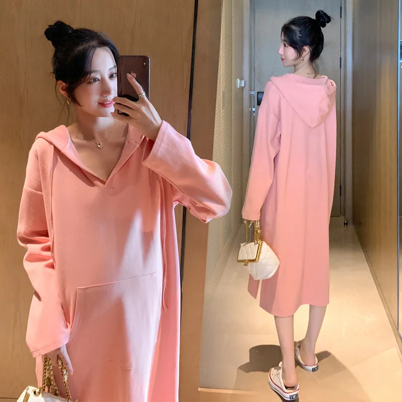 NiDELL Maternity Dress . Spring and Autumn plus Size Hooded Korean Style Loose Dress for Pregnant Women